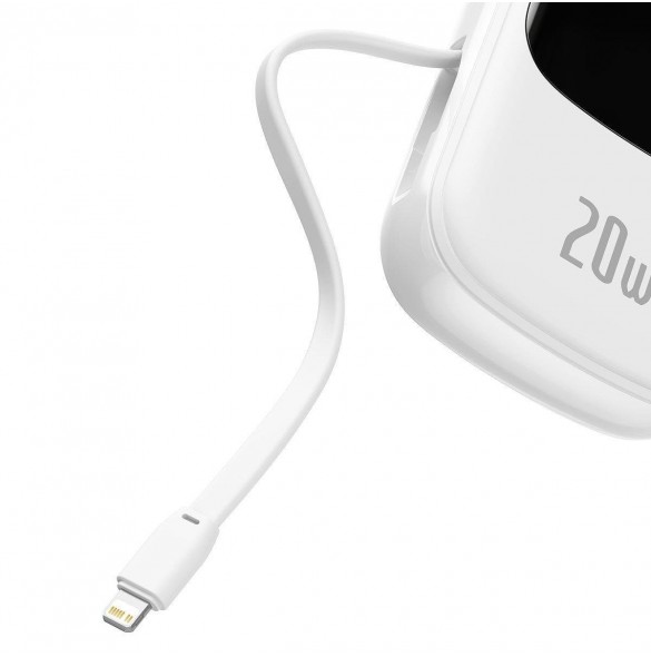Baseus Qpow Digital Display Power Bank med snabbladdning 20000mAh 20W QC/PD/SCP/FCP med inbyggd Lightning-kabel Vit