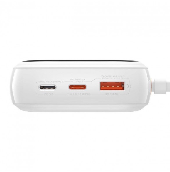 Baseus Qpow Digital Display Power Bank med snabbladdning 20000mAh 20W QC/PD/SCP/FCP med inbyggd Lightning-kabel Vit