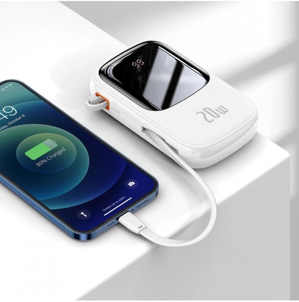 Baseus Qpow Digital Display Power Bank med snabbladdning 20000mAh 20W QC/PD/SCP/FCP med inbyggd Lightning-kabel Vit