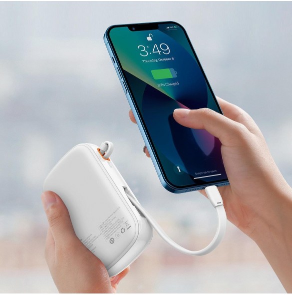 Baseus Qpow Digital Display Power Bank med snabbladdning 20000mAh 20W QC/PD/SCP/FCP med inbyggd Lightning-kabel Vit