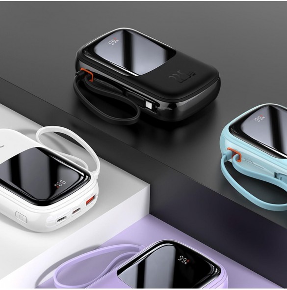 Baseus Qpow Digital Display Power Bank med snabbladdning 20000mAh 20W QC/PD/SCP/FCP med inbyggd Lightning-kabel Vit