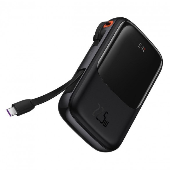 Baseus Qpow Digital Display powerbank med snabbladdning 10000mAh 22,5W QC/PD/SCP/FCP med inbyggd USB-C-kabel svart