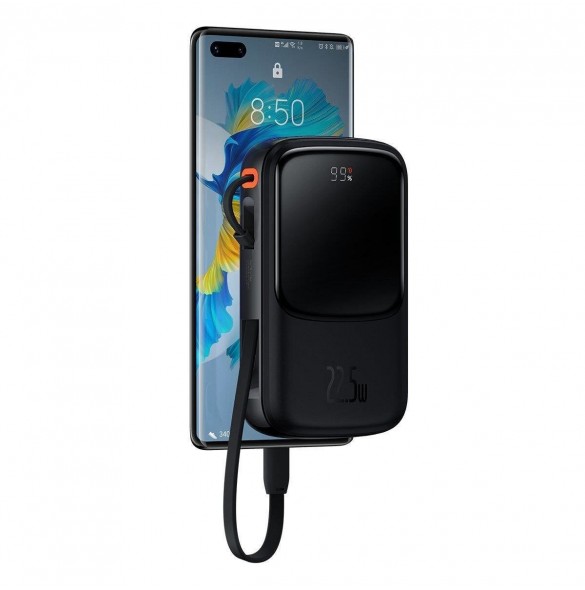 Baseus Qpow Digital Display powerbank med snabbladdning 10000mAh 22,5W QC/PD/SCP/FCP med inbyggd USB-C-kabel svart