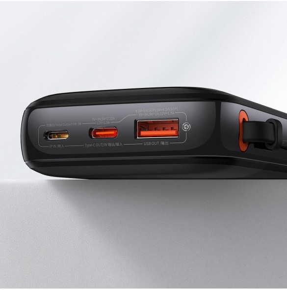 Baseus Qpow Digital Display powerbank med snabbladdning 10000mAh 22,5W QC/PD/SCP/FCP med inbyggd USB-C-kabel svart