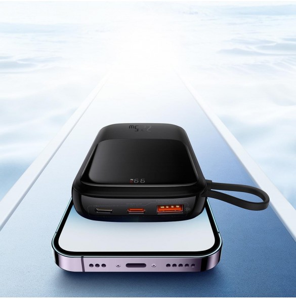 Baseus Qpow Digital Display powerbank med snabbladdning 10000mAh 22,5W QC/PD/SCP/FCP med inbyggd USB-C-kabel svart