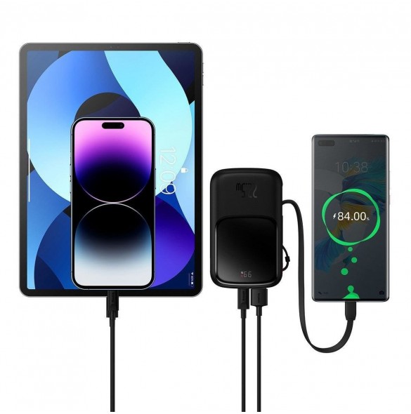Baseus Qpow Digital Display powerbank med snabbladdning 10000mAh 22,5W QC/PD/SCP/FCP med inbyggd USB-C-kabel svart
