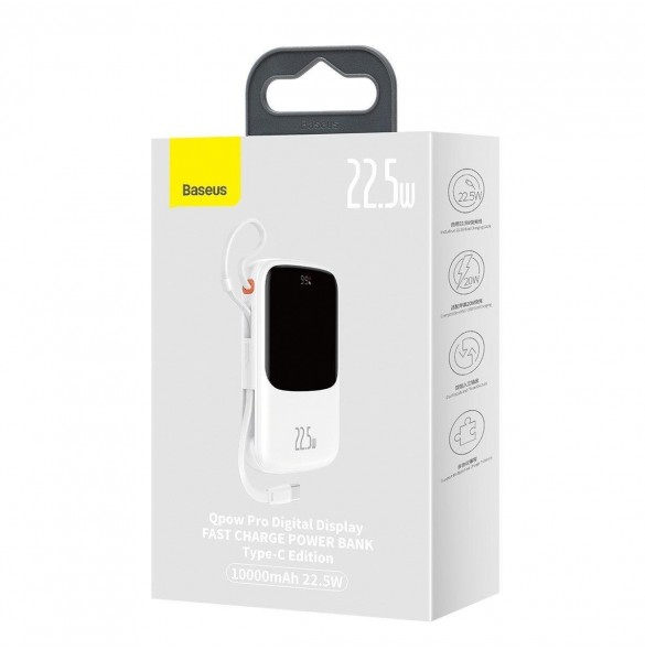 Baseus Qpow Digital Display powerbank med snabbladdning 10000mAh 22,5W QC/PD/SCP/FCP med inbyggd USB-C-kabel vit