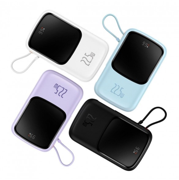 Baseus Qpow Digital Display powerbank med snabbladdning 10000mAh 22,5W QC/PD/SCP/FCP med inbyggd USB-C-kabel vit