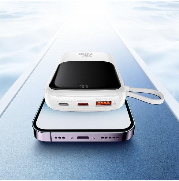 Baseus Qpow Digital Display powerbank med snabbladdning 10000mAh 22,5W QC/PD/SCP/FCP med inbyggd USB-C-kabel vit