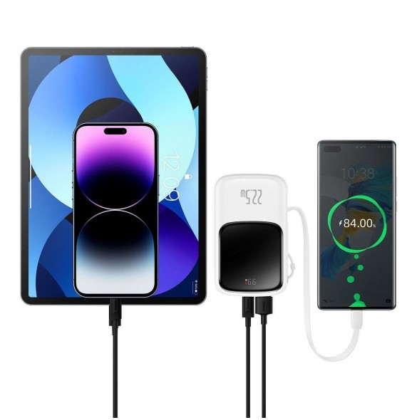 Baseus Qpow Digital Display powerbank med snabbladdning 10000mAh 22,5W QC/PD/SCP/FCP med inbyggd USB-C-kabel vit