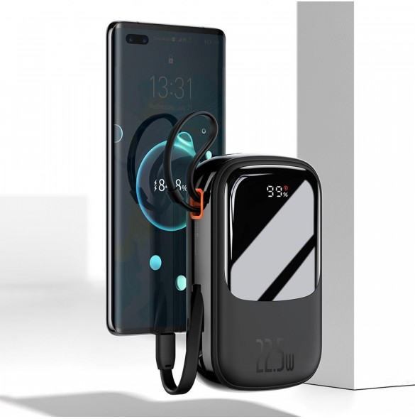 Baseus Qpow Digital Display powerbank med snabbladdning 10000mAh 22,5W QC/PD/SCP/FCP med inbyggd USB-C-kabel vit