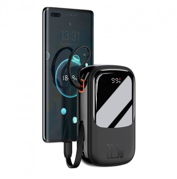 Baseus Qpow Digital Display powerbank med snabbladdning 20000mAh 22,5W QC/PD/SCP/FCP med inbyggd USB-C-kabel svart