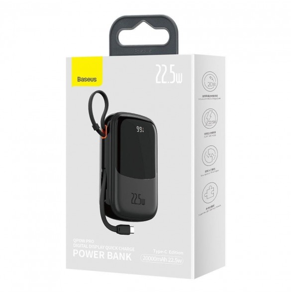 Baseus Qpow Digital Display powerbank med snabbladdning 20000mAh 22,5W QC/PD/SCP/FCP med inbyggd USB-C-kabel svart