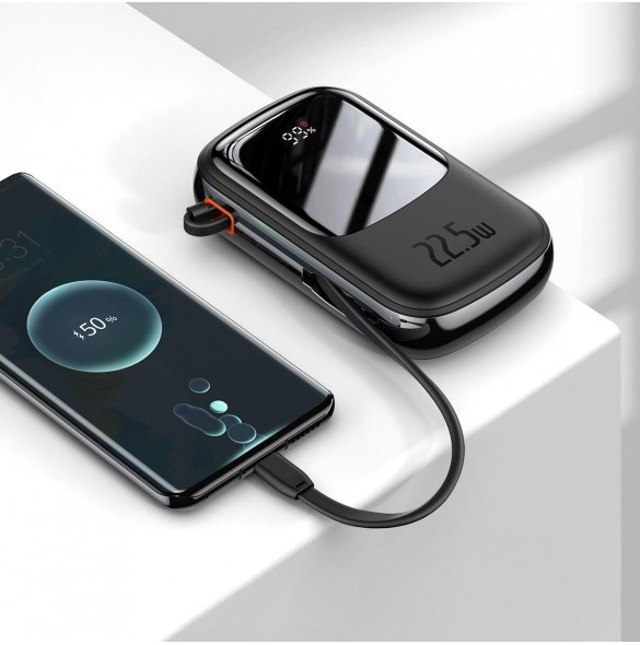 Baseus Qpow Digital Display powerbank med snabbladdning 20000mAh 22,5W QC/PD/SCP/FCP med inbyggd USB-C-kabel svart