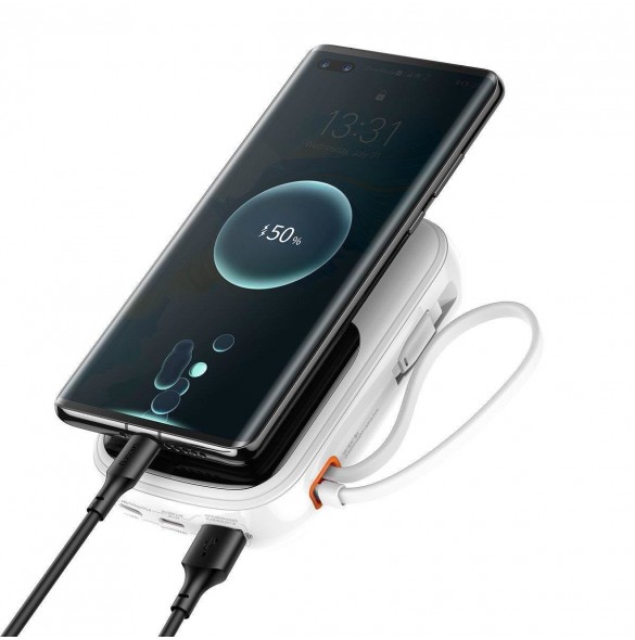 Baseus Qpow Digital Display powerbank med snabbladdning 20000mAh 22,5W QC/PD/SCP/FCP med inbyggd USB-C-kabel vit