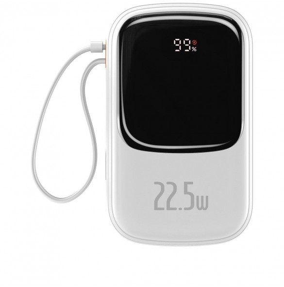 Baseus Qpow Digital Display powerbank med snabbladdning 20000mAh 22,5W QC/PD/SCP/FCP med inbyggd USB-C-kabel vit