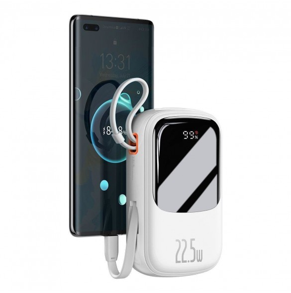 Baseus Qpow Digital Display powerbank med snabbladdning 20000mAh 22,5W QC/PD/SCP/FCP med inbyggd USB-C-kabel vit