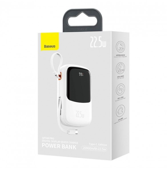 Baseus Qpow Digital Display powerbank med snabbladdning 20000mAh 22,5W QC/PD/SCP/FCP med inbyggd USB-C-kabel vit