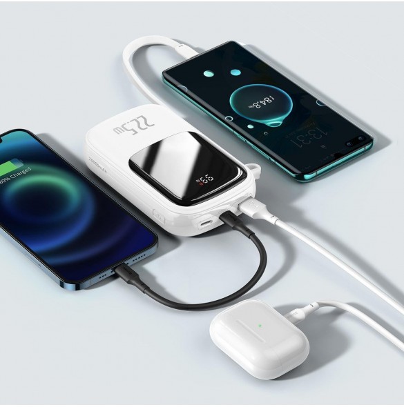 Baseus Qpow Digital Display powerbank med snabbladdning 20000mAh 22,5W QC/PD/SCP/FCP med inbyggd USB-C-kabel vit