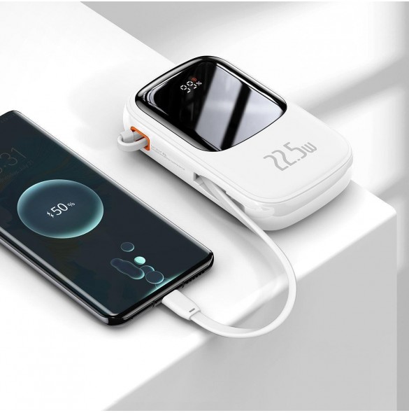 Baseus Qpow Digital Display powerbank med snabbladdning 20000mAh 22,5W QC/PD/SCP/FCP med inbyggd USB-C-kabel vit