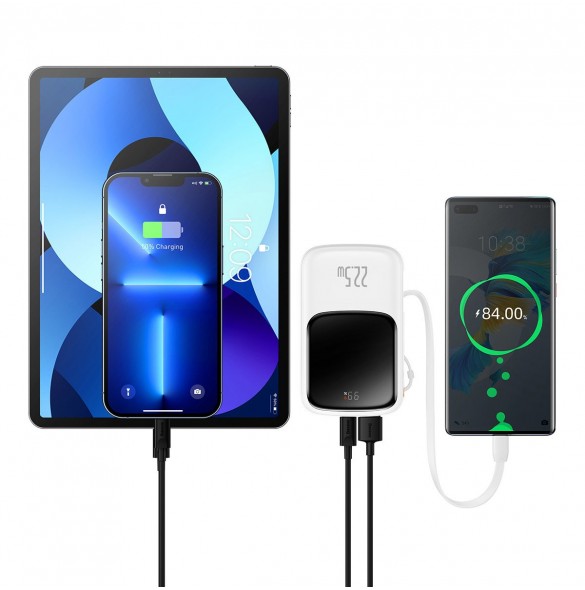 Baseus Qpow powerbank 10000mAh inbyggd USB Type-C-kabel 22,5W Snabbladdning SCP AFC FCP vit (PPQD020102)