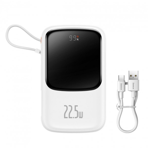 Baseus Qpow powerbank 10000mAh inbyggd USB Type-C-kabel 22,5W Snabbladdning SCP AFC FCP vit (PPQD020102)