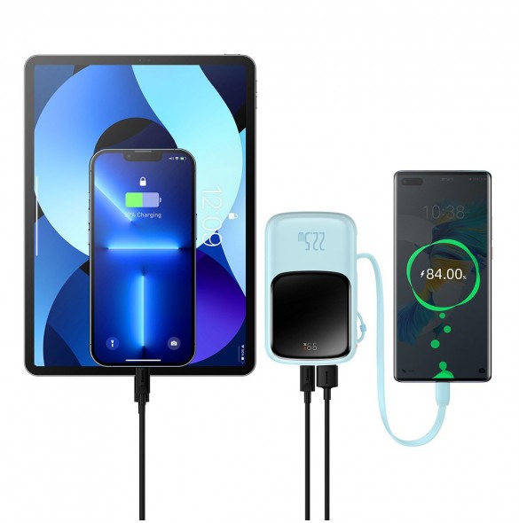 Baseus Qpow powerbank 10000mAh inbyggd USB Type-C-kabel 22,5W Snabbladdning SCP AFC FCP blå (PPQD020103)