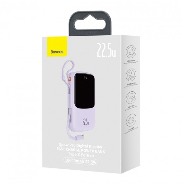 Baseus Qpow powerbank 10000mAh inbyggd USB Type-C-kabel 22,5W Snabbladdning SCP AFC FCP lila (PPQD020105)