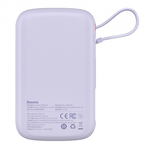 Baseus Qpow powerbank 10000mAh inbyggd USB Type-C-kabel 22,5W Snabbladdning SCP AFC FCP lila (PPQD020105)