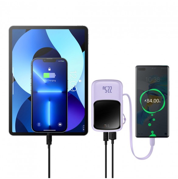 Baseus Qpow powerbank 10000mAh inbyggd USB Type-C-kabel 22,5W Snabbladdning SCP AFC FCP lila (PPQD020105)
