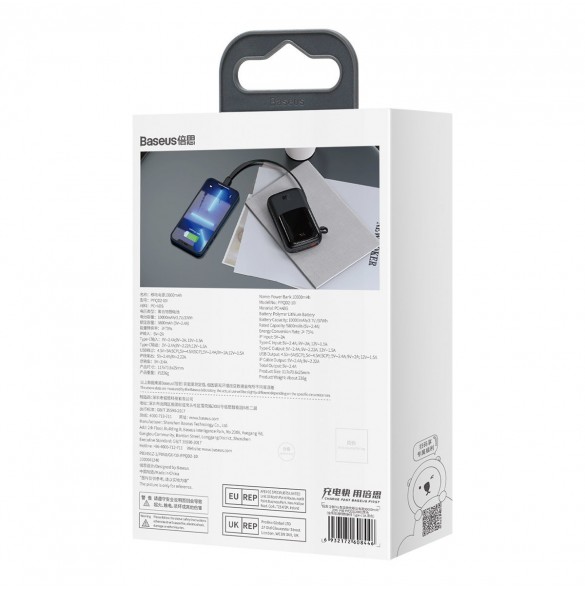 Powerbank 10000mAh 20W Baseus Qpow Pro Overseas Edition + USB C 3A-kabel - svart