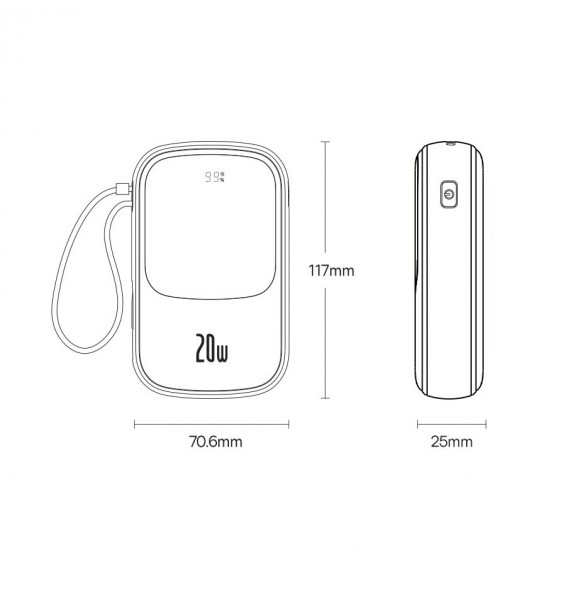 Powerbank 10000mAh 20W Baseus Qpow Pro Overseas Edition + USB C 3A-kabel - svart