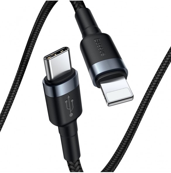 Baseus Cafule Kabel slitstark nylonkabel USB Typ C PD / Lightning 18W QC3.0 1m svart-grå (CATLKLF-G1)