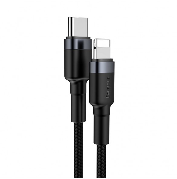 Baseus Cafule Kabel slitstark nylonkabel USB Typ C PD / Lightning 18W QC3.0 1m svart-grå (CATLKLF-G1)