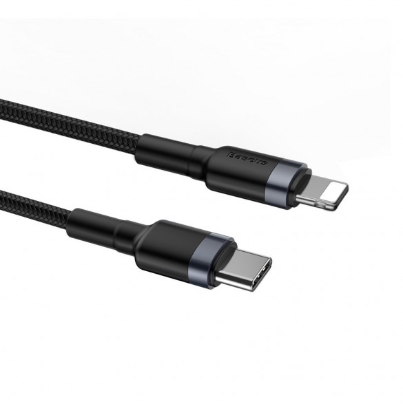 Baseus Cafule Kabel slitstark nylonkabel USB Typ C PD / Lightning 18W QC3.0 1m svart-grå (CATLKLF-G1)