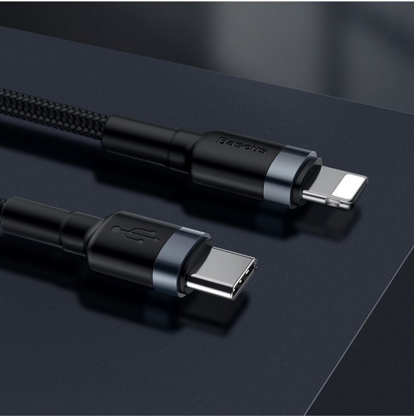 Baseus Cafule Kabel slitstark nylonkabel USB Typ C PD / Lightning 18W QC3.0 1m svart-grå (CATLKLF-G1)