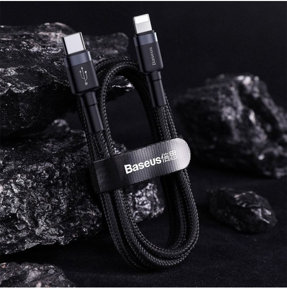 Baseus Cafule Kabel slitstark nylonkabel USB Typ C PD / Lightning 18W QC3.0 1m svart-grå (CATLKLF-G1)