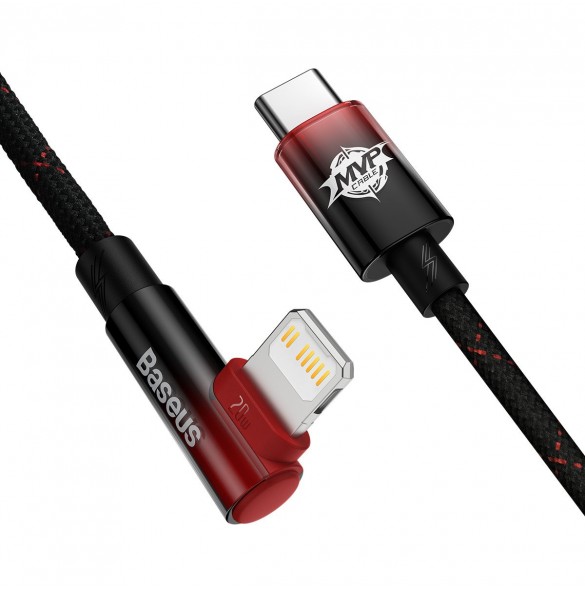 Baseus MVP 2 armbåge rätvinkel strömförsörjningskabel med sido-USB Typ C / Lightning 1m 20W Röd (CAVP000220)