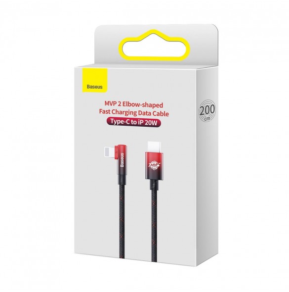 Baseus MVP 2 armbåge rätvinkel strömförsörjningskabel med sido-USB Typ C / Lightning 2m 20W Röd (CAVP000320)