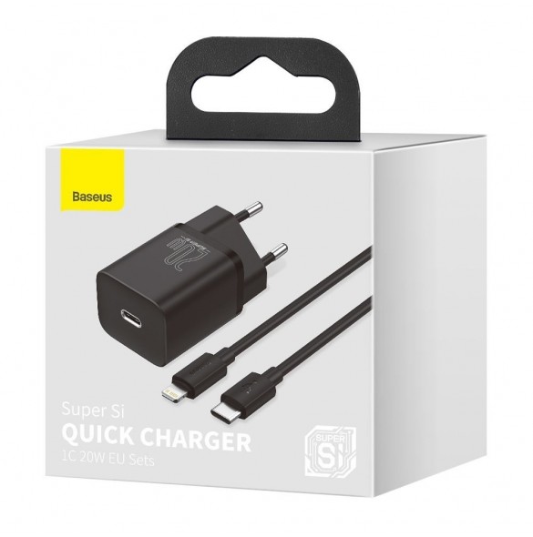 Baseus Super Si 1C snabbladdare USB Typ C 20W Strömförsörjning + USB Typ C - Lightning-kabel 1m svart (TZCCSUP-B01)