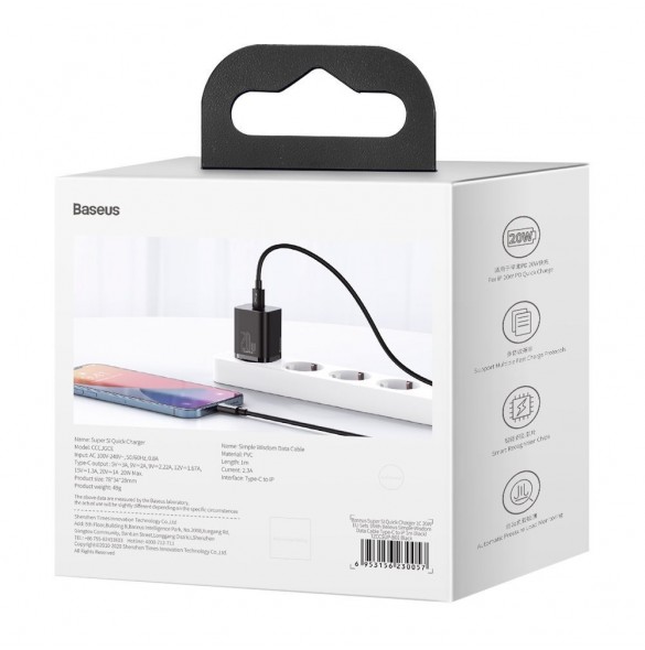 Baseus Super Si 1C snabbladdare USB Typ C 20W Strömförsörjning + USB Typ C - Lightning-kabel 1m svart (TZCCSUP-B01)