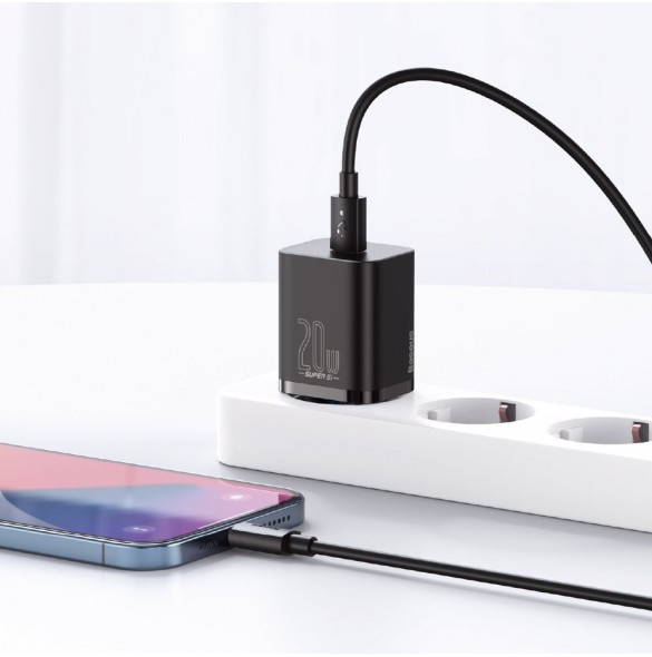 Baseus Super Si 1C snabbladdare USB Typ C 20W Strömförsörjning + USB Typ C - Lightning-kabel 1m svart (TZCCSUP-B01)