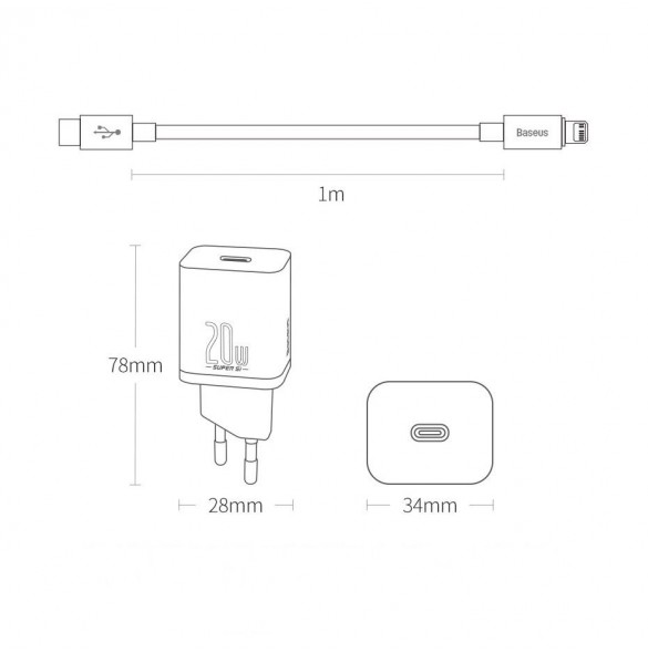 Baseus Super Si 1C snabbladdare USB Typ C 20W Strömförsörjning + USB Typ C - Lightning-kabel 1m svart (TZCCSUP-B01)