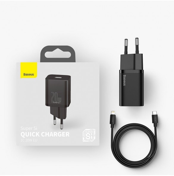Baseus Super Si 1C snabbladdare USB Typ C 20W Strömförsörjning + USB Typ C - Lightning-kabel 1m svart (TZCCSUP-B01)