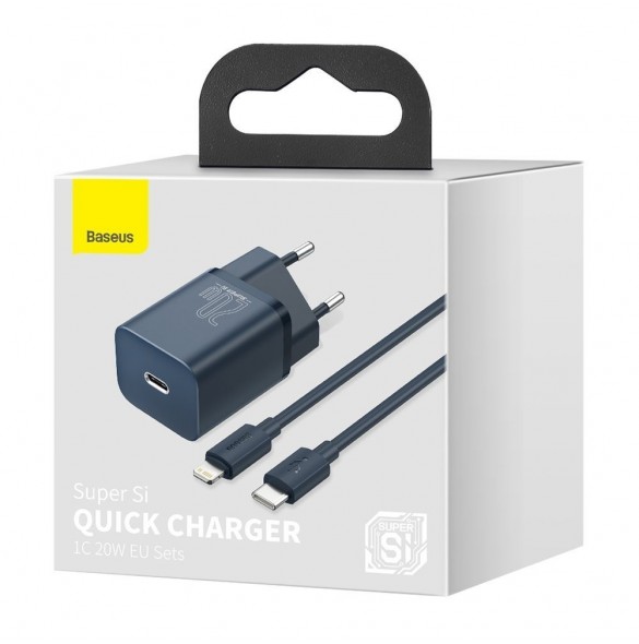 Baseus Super Si 1C snabbladdare USB Typ C 20W Strömförsörjning + USB Typ C - Lightning-kabel 1m blå (TZCCSUP-B03)