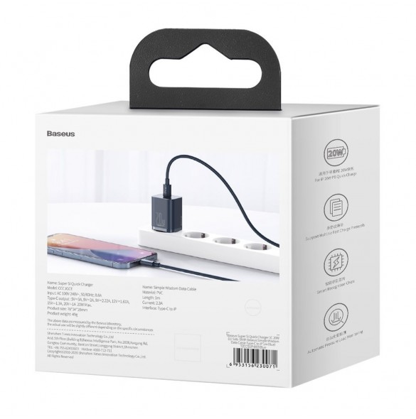 Baseus Super Si 1C snabbladdare USB Typ C 20W Strömförsörjning + USB Typ C - Lightning-kabel 1m blå (TZCCSUP-B03)