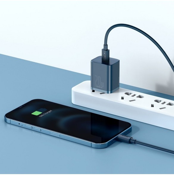 Baseus Super Si 1C snabbladdare USB Typ C 20W Strömförsörjning + USB Typ C - Lightning-kabel 1m blå (TZCCSUP-B03)