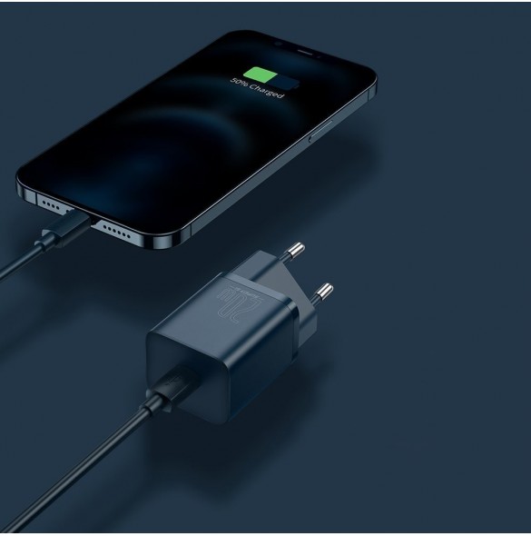 Baseus Super Si 1C snabbladdare USB Typ C 20W Strömförsörjning + USB Typ C - Lightning-kabel 1m blå (TZCCSUP-B03)