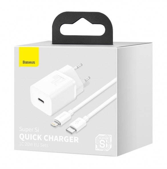 Baseus Super Si 1C snabbladdare USB Typ C 20W Strömförsörjning + USB Typ C - Lightning-kabel 1m vit (TZCCSUP-B02)