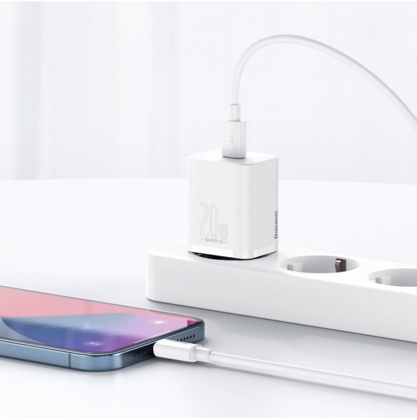 Baseus Super Si 1C snabbladdare USB Typ C 20W Strömförsörjning + USB Typ C - Lightning-kabel 1m vit (TZCCSUP-B02)